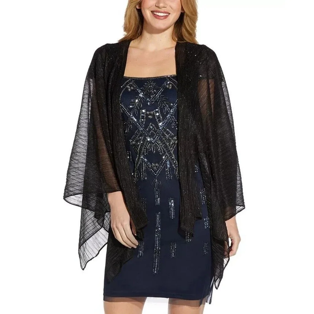 Adrianna Papell Women's Collarless Open front Asymmetrical-Hem Shawl Black OS